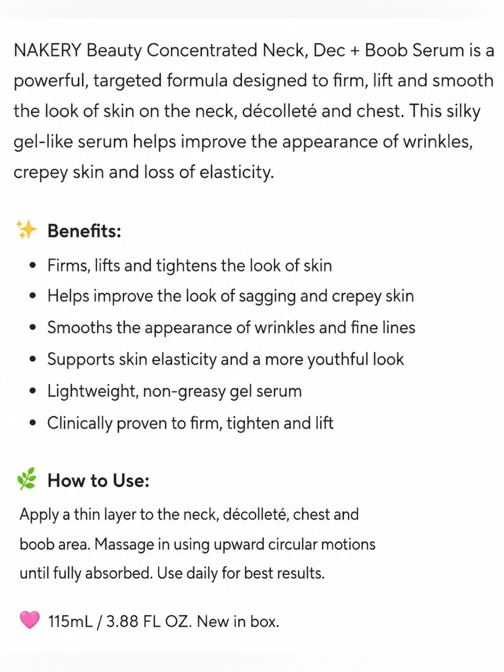 NAKERY Beauty Concentrated Neck, Dec & Boob Serum 115ml Firming Wrinkle Care